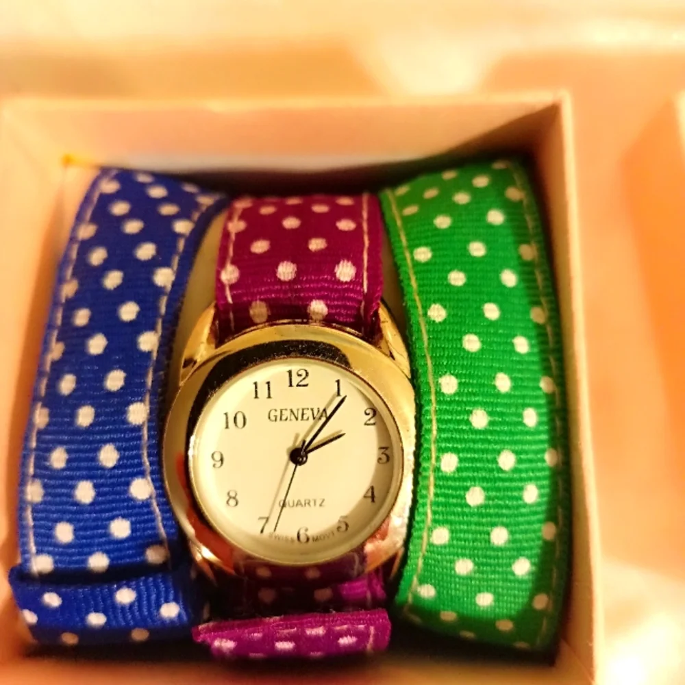 Geneva 3 band strap polka dot watch set